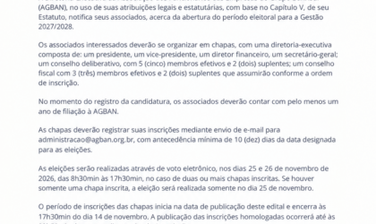 Estão abertas as inscrições de chapas para a nova diretoria e conselhos da AGBAN