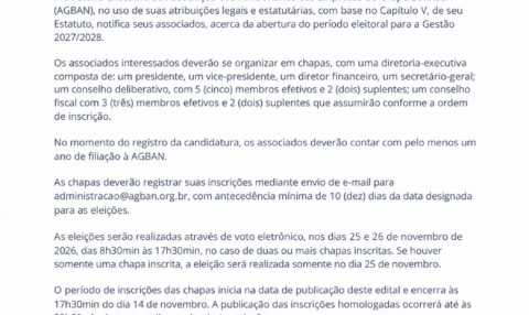 Estão abertas as inscrições de chapas para a nova diretoria e conselhos da AGBAN